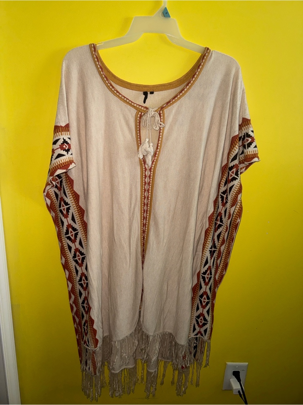Cream Poncho with Geometric/Aztec Accents - Picture 6 of 6